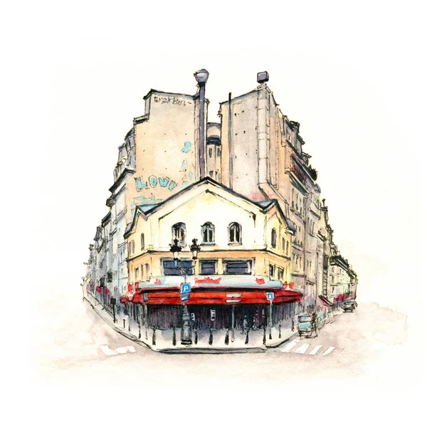 Desenho Aquarela Casa Típica Paroquiana Com Café Lanternas Paris França — Fotografia de Stock