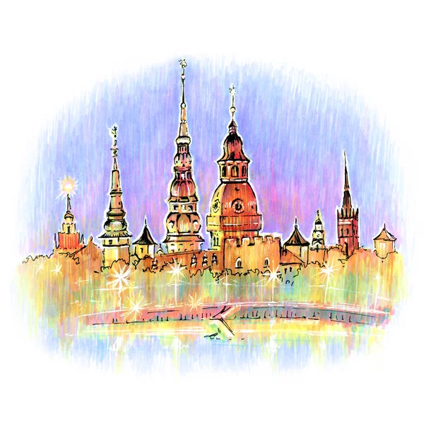 Кольоровий Малюнок Церкви Старому Місті Риги Латвія Зображення Зроблено Лайнера — стокове фото