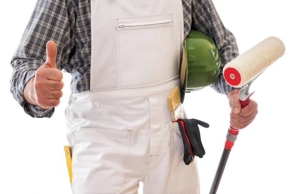 House Painter Worker White Work Overalls Thumb Holds His Hand — Stock Photo, Image