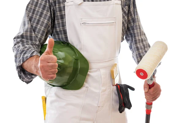 Huisschilder Werknemer Wit Werk Overalls Met Duim Omhoog Houdt Zijn — Stockfoto