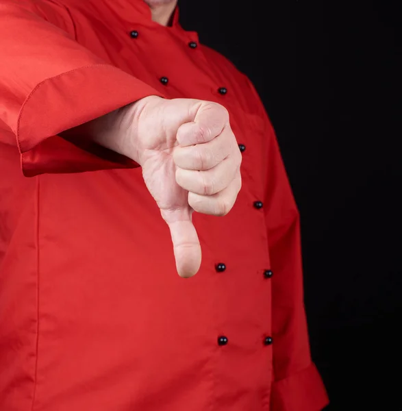 Cuisinier Uniforme Rouge Montre Geste Dégoût Fond Noir — Photo