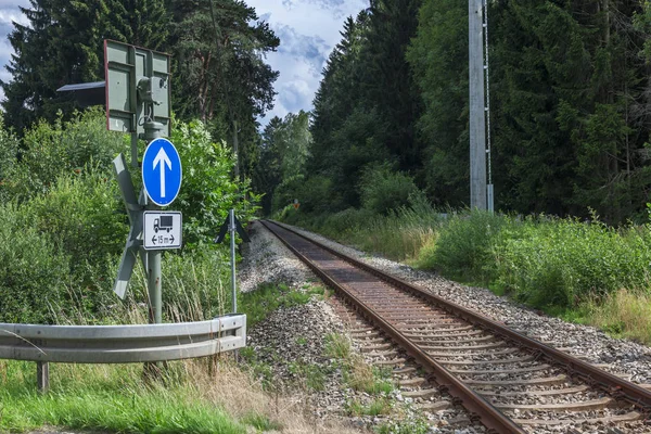 Tor Kolejowy Przez Las Przejeździe Kolejowym Krzyżem Andrzeja Kierunkową Strzałką — Zdjęcie stockowe