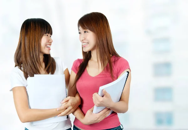 Two Happy Asian Students Books Talking School Campus Royalty Free Stock Images