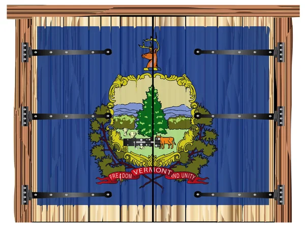 大きな閉じた木製の納屋ボルトとヒンジとバーモント州の旗が描かれた二重ドア — ストック写真