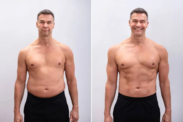 Portret Van Een Volwassen Man Voor Gewichtsverlies Witte Achtergrond Lichaamsvorm — Stockfoto