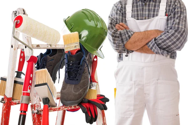 Herramientas Trabajo Equipo Seguridad Para Pintor Profesional Casa Una Escalera — Foto de Stock