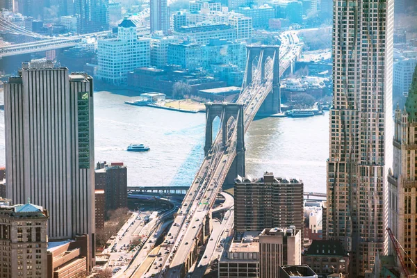 Verhoogde Uitzicht Brooklyn Brug East River Met New York Cityscape — Stockfoto