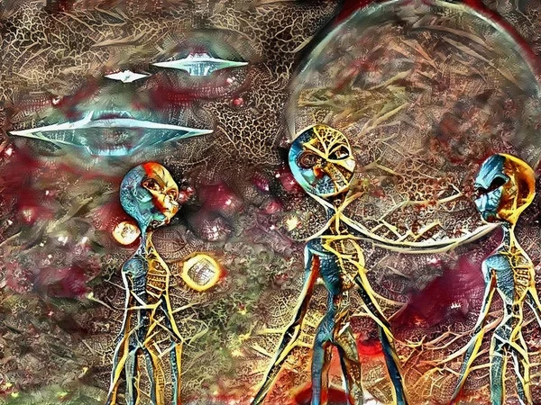 Peinture Surréaliste Trois Aliens Soucoupes Volantes Dans Ciel — Photo