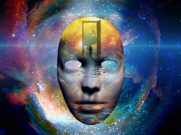 Maska Obrazem Člověka Otevřenými Dveřmi Jiného Světa Pobřeží Barevný Vesmír — Stock fotografie