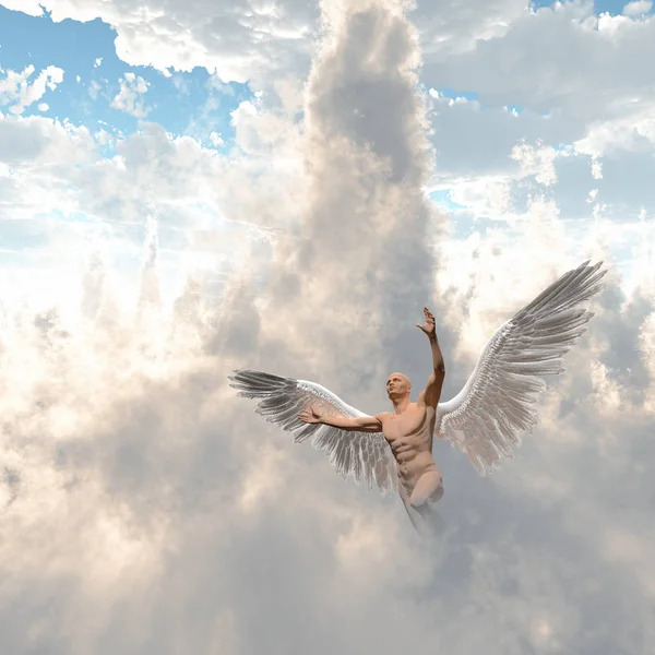 Surrealism Man Angel Wings Flies Cloudy Sky Rendering — Stock Photo, Image