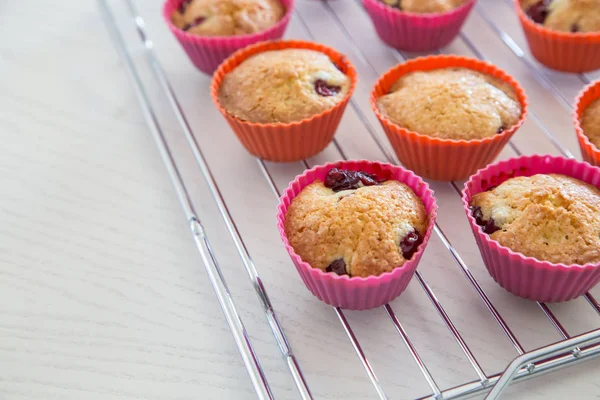 Domácí Koláčky Cherry Muffiny Drátě Stojanu Bílém Stole — Stock fotografie