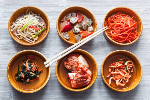 Korean Cuisine Chopsticks Bowls Various Side Dishes Banchan Panchan Gray — Stock Photo, Image