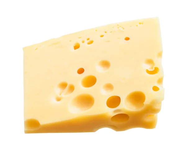 内部の穴が白い背景に隔離された黄色の中ハード牛のミルクスイスチーズの三角形の塊 — ストック写真