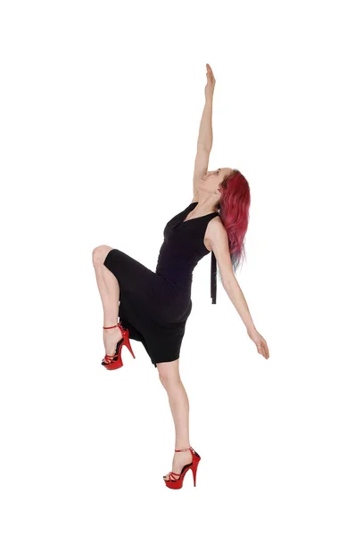 Eine Schöne Junge Frau Tanzt Profil Einem Schwarzen Kleid Und — Stockfoto