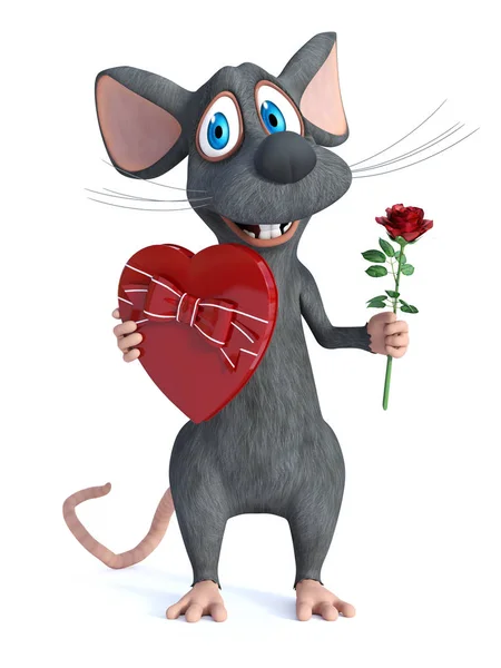 Vykreslování Roztomilý Usměvavý Kreslená Myš Drží Srdce Tvaru Čokolády Box — Stock fotografie