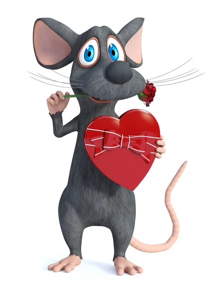Vykreslování Roztomilý Usměvavý Kreslená Myš Drží Srdce Tvaru Čokolády Box — Stock fotografie