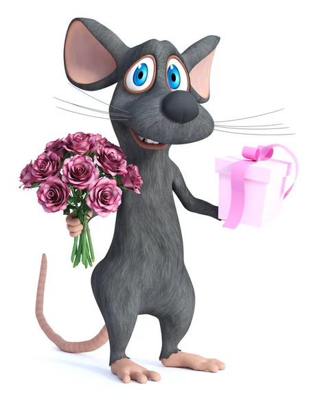 Renderização Bonito Sorriso Mouse Desenho Animado Segurando Buquê Rosas Rosa — Fotografia de Stock