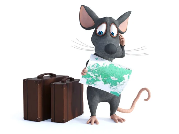 Vykreslování Roztomilá Kreslená Myš Drží Mapu Dívá Jako Přemýšlí Něco — Stock fotografie