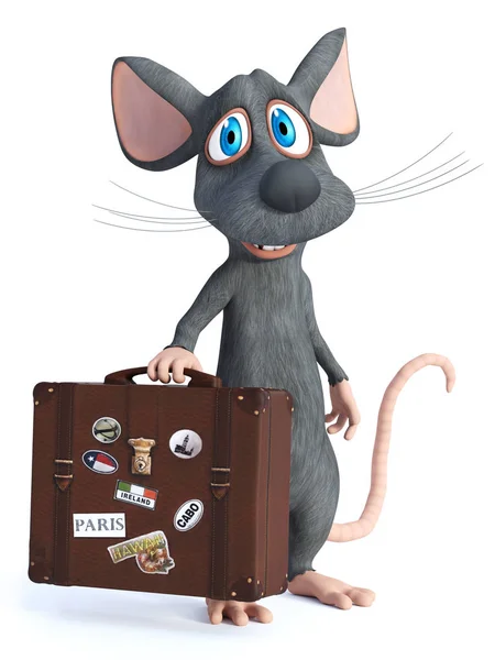 Vykreslování Roztomilý Kreslený Myši Držení Cestovní Kufr Usmívá Zdá Připraveni — Stock fotografie