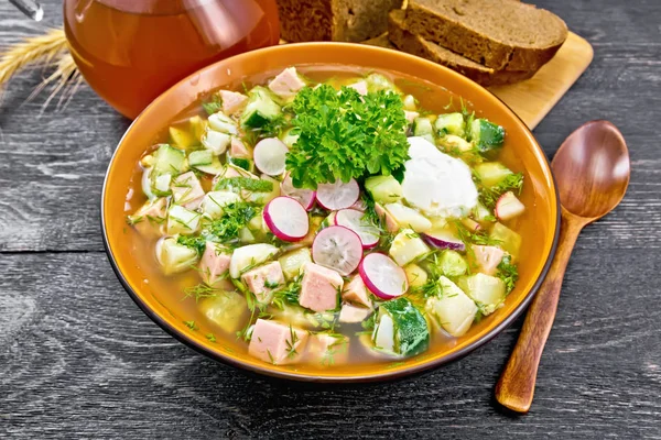 Cold Soup Okroshka Sausage Potatoes Eggs Radish Cucumber Greens Kvass — Stock Photo, Image