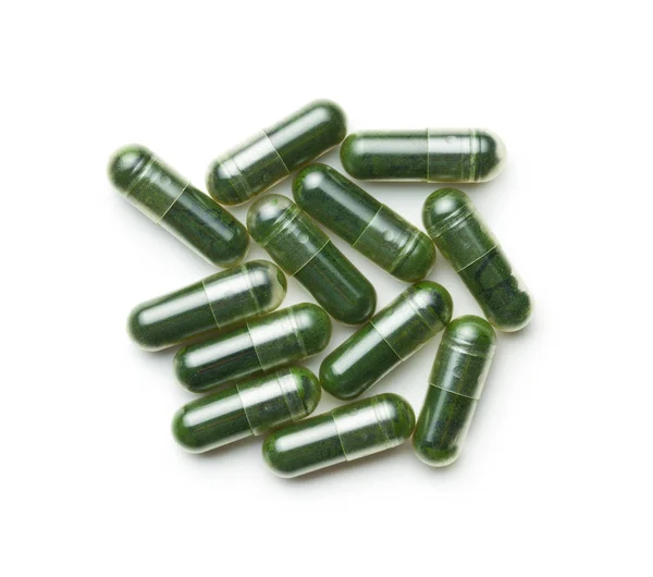 Pílulas Chlorela Verde Pílulas Cevada Verde Isolado Fundo Branco — Fotografia de Stock