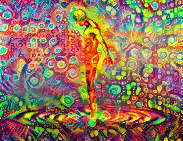 色鮮やかな抽象空間におけるサイボーグ男の姿 — ストック写真