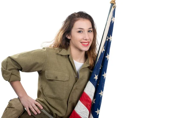 Bonita Mujer Joven Wwii Uniforme Nosotros Con Una Bandera Americana —  Fotos de Stock