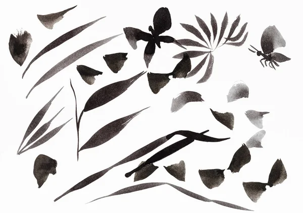 Suibokuga 스타일 브러시 그리기 모양의 나뭇잎과 종이에 잉크에 — 스톡 사진