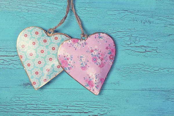 Two Hearts Blue Wooden Background — Stock Photo, Image