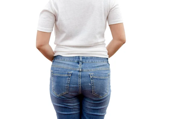 Donne Che Indossano Jeans Sul Retro Sullo Sfondo Bianco — Foto Stock