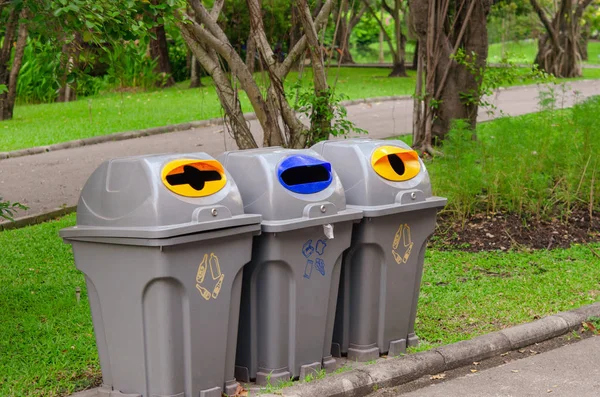 Three Trash Cans Placed Park — Stock Photo, Image