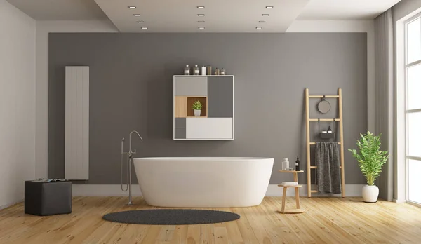 Minimalista Baño Blanco Gris Con Bañera Renderizado — Foto de Stock