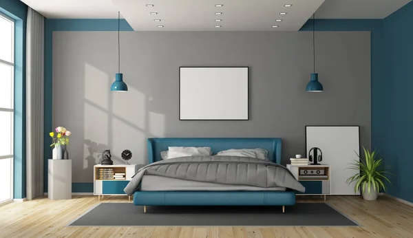 Kék Szürke Mester Hálószoba Modern Bútor Renderelés — Stock Fotó
