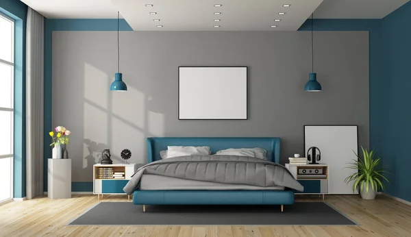 Blauw Grijs Hoofdslaapkamer Met Modern Meubilair Rendering — Stockfoto