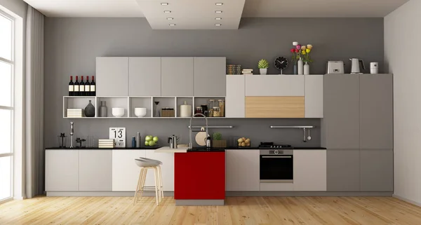 Gris Blanco Moderna Cocina Con Isla Roja Renderizado — Foto de Stock