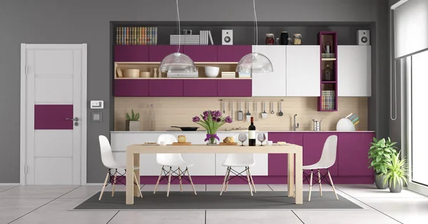 Moderna Cocina Blanca Púrpura Con Mesa Comedor Madera Renderizado — Foto de Stock