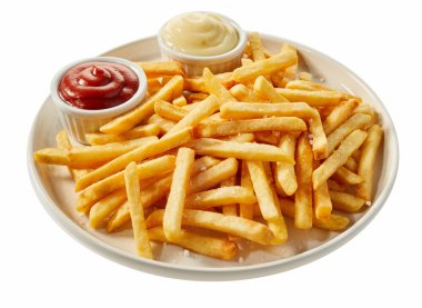 White ceramic plate of freshly prepared french fries served with ketchup and mayonnaise in small bawls, viewed in close-up, isolated on white background clipart