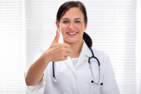 Front View Happy Female Doctor Showing Thumb Standing Clinic — Stock Photo, Image