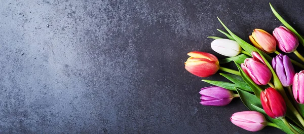 Bouquet Tulipani Colorati Sfondo Grigio Scuro Con Spazio Copia Concetto — Foto Stock