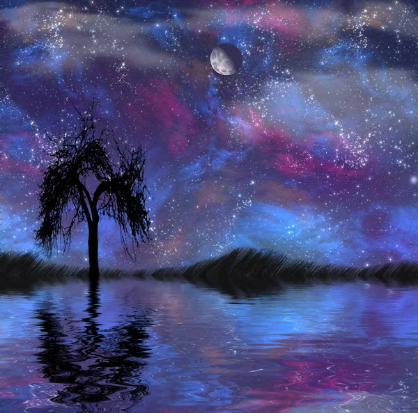 Σιλουέτα Του Δέντρου Ένα Ήρεμο Νερό Φεγγάρι Στον Έναστρο Ουρανό — Φωτογραφία Αρχείου