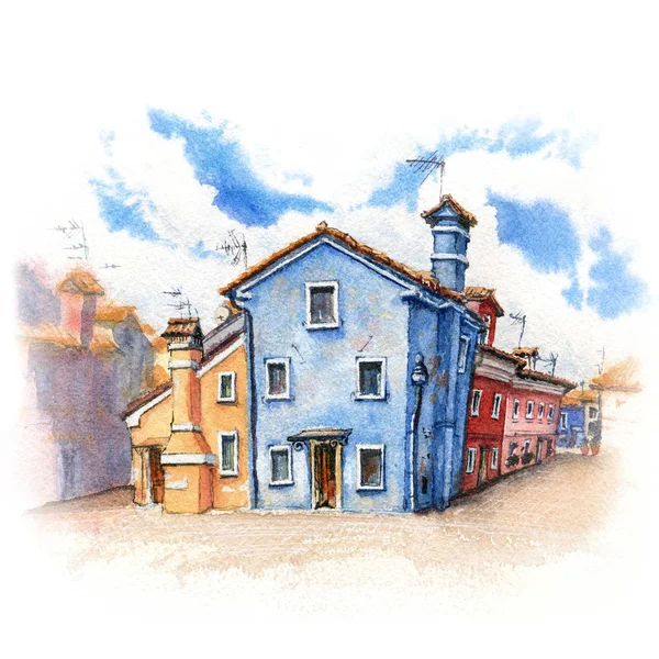 意大利威尼斯布拉诺岛上五彩斑斓的房屋和教堂 图片制作的标记 — 图库照片