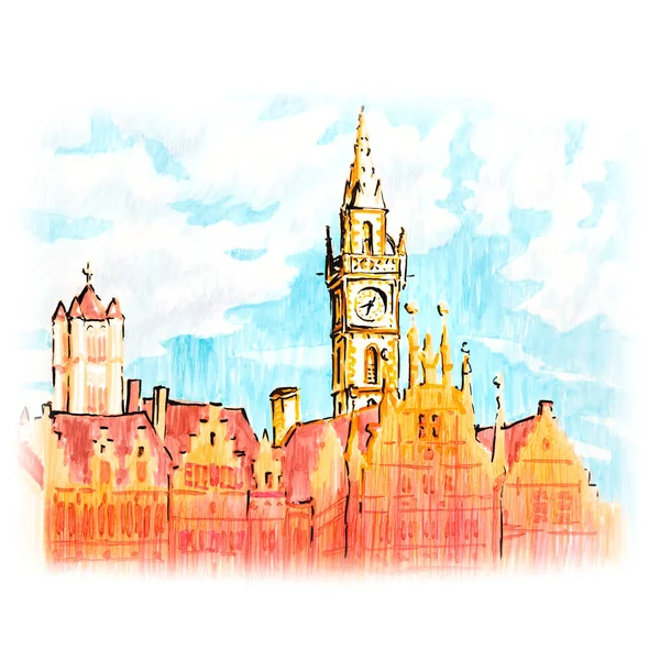 Malebné Město Pohled Gent Krásných Středověkých Domů Hodinová Věž Při — Stock fotografie
