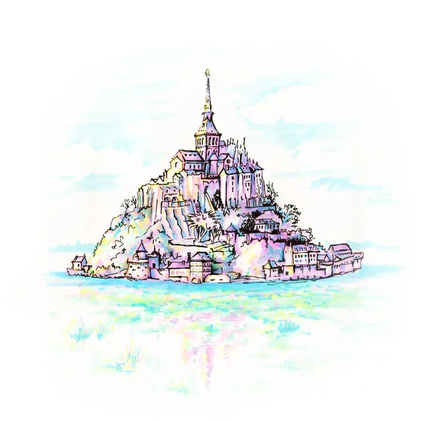 Desenho Manual Mont Saint Michel Pôr Sol Bretanha França Marcadores — Fotografia de Stock