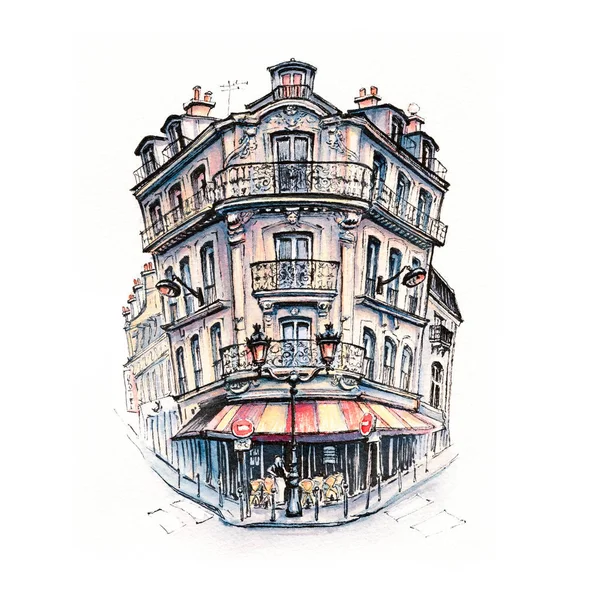 Desenho Aquarela Casa Típica Paroquiana Com Café Lanternas Paris França — Fotografia de Stock