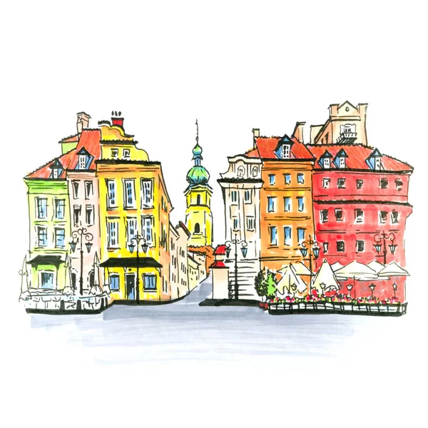 Renkli Çizimi Castle Meydanı Piwna Caddesi Polonya Nın Varşova Eski — Stok fotoğraf