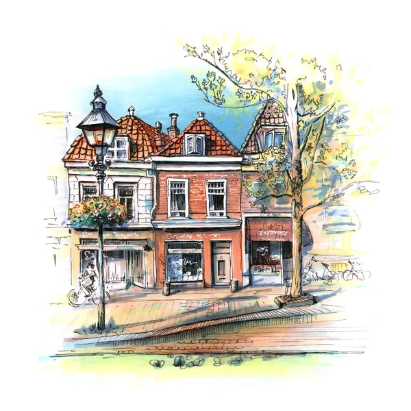 Dibujo Mano Color Vista Panorámica Ciudad Delft Con Hermosas Casas —  Fotos de Stock