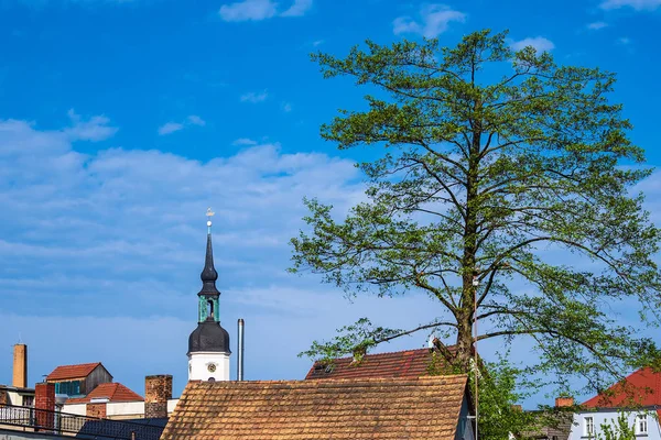 Kirche Mit Baum Und Dächern Lübbenau — Stockfoto