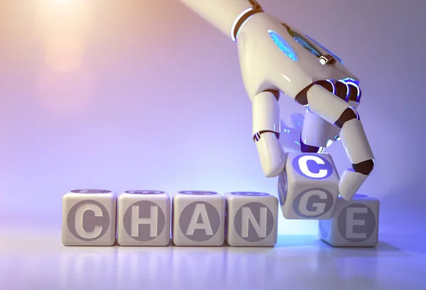 Cyborg Robot Hand Changes Text Cube Change Chance Concept Rendering — Stock Photo, Image