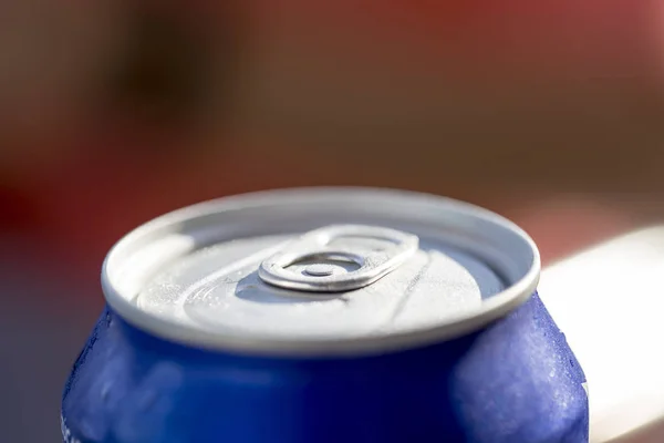 Close View Top Closed Blue Can Drink Condensation — Stock Photo, Image