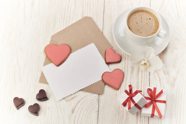 Copa Café Galletas Chocolates Forma Corazón Cajas Regalo Chapas Blanco — Foto de Stock